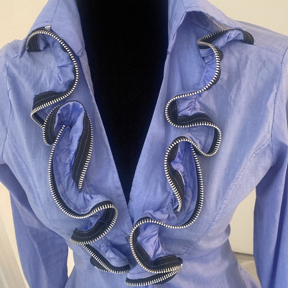 Les Chineuses Paris Women's Blue Ruffled Button-Up Blouse Size XX-Small - Picture 5 of 13